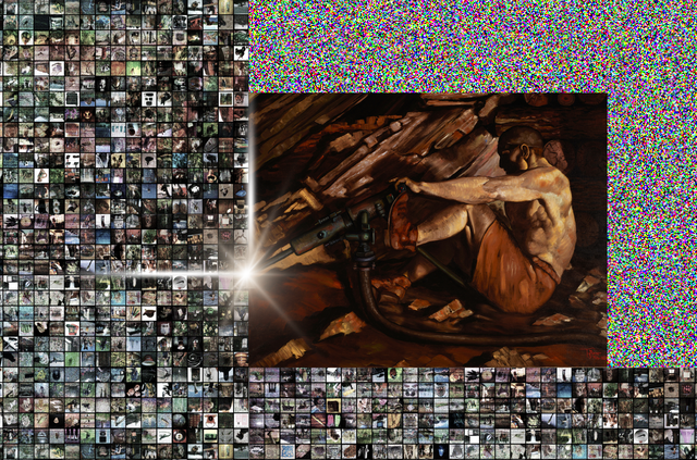 A digital collage combining a historical painting of a miner with a large grid of small online images. At the center, a muscular miner works underground with a heavy drill inside a dark tunnel. To the left and along the bottom, hundreds of tiny square images form a dense mosaic, suggesting scraped internet content. A bright beam of light connects the image grid to the miner’s drill. On the right, a block of colorful digital noise contrasts with the detailed painting, reinforcing the link between physical mining and data extraction.