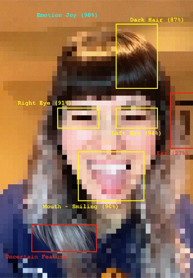 This image features a pixelated selfie featuring an individual with long brown hair and a fringe. The person has their tongue out and is smiling too. Most of the parts of the image are pixelated with red and yellow squares focusing on certain parts of the image. By each square is also a label and a recognition percentage, including: dark hair (87%), right eye (91%), left eye (94%), ear (27%), mouth-smiling (90%), uncertain feature. The squares are mainly outlined in yellow, but 'ear' and 'uncertain feature' are in red.